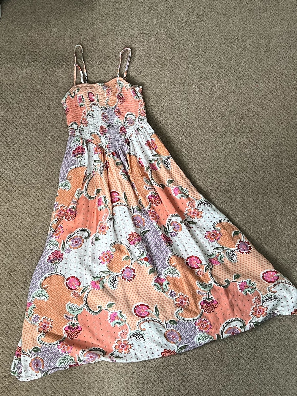 Patrons of Peace Peach & Lavender Floral Smocked Sundress